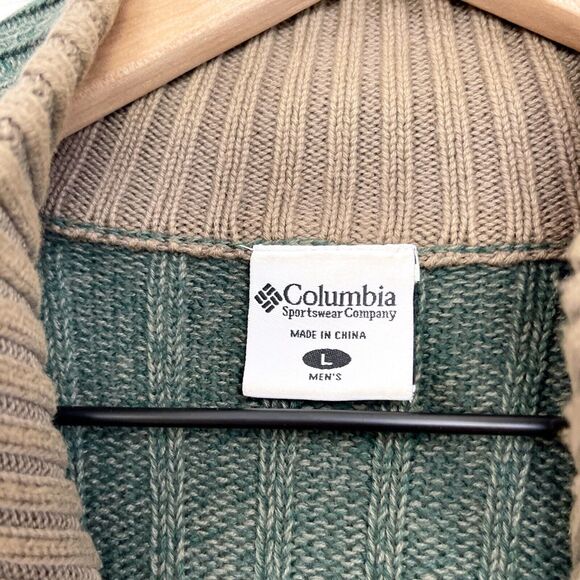 Columbia Chunky Ribbed 1/4 Zip Raglan Sleeve Sweater Green Cotton Mens Large - Picture 6 of 7
